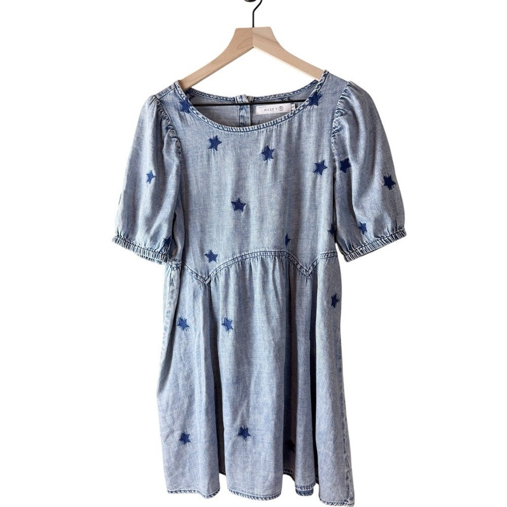 Billy T Womens Star Embroidered Chambray Babydoll Dress Blue Small Short Sleeve